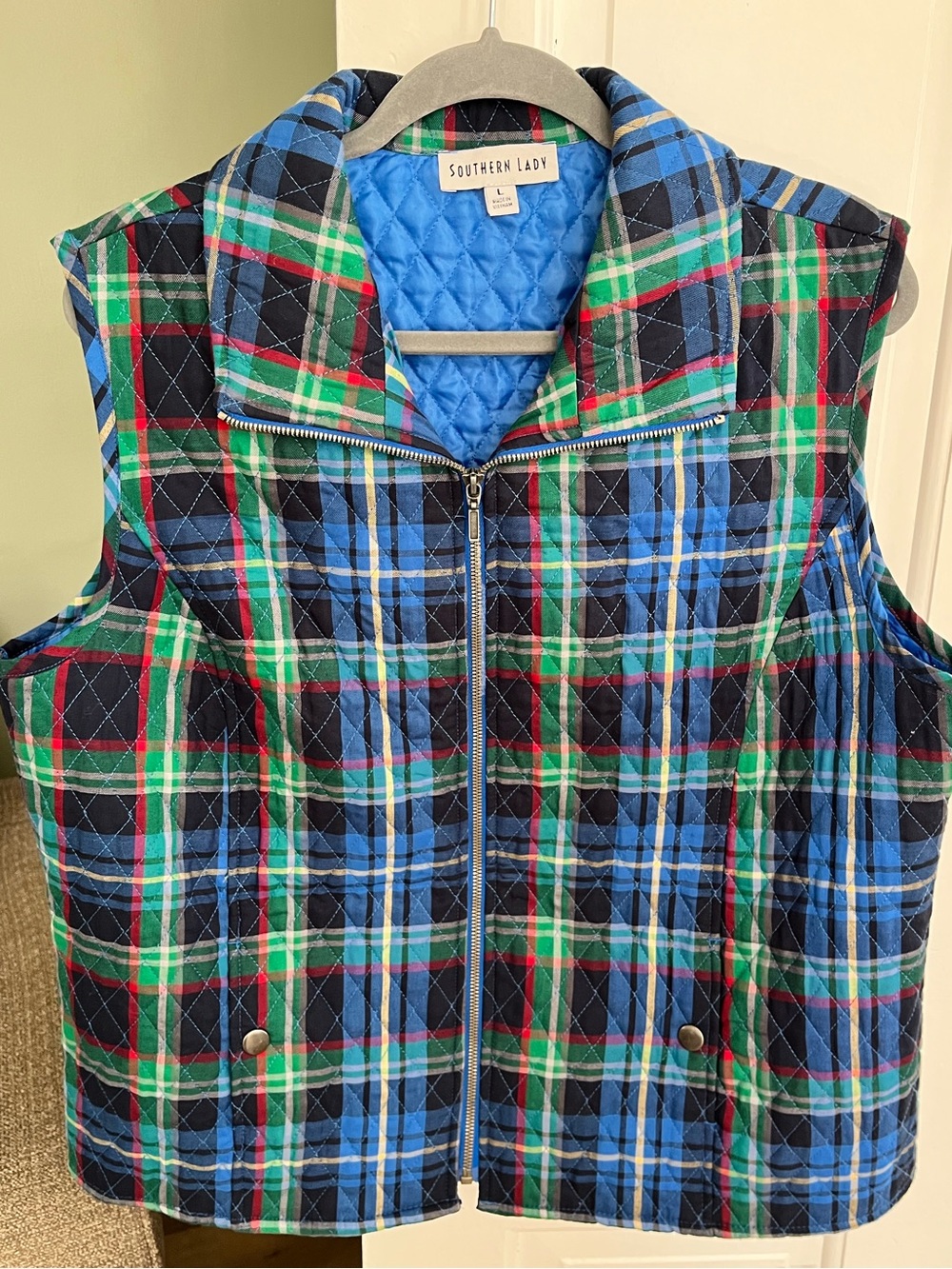Southern Lady size Large Blue plaid outerwear vest